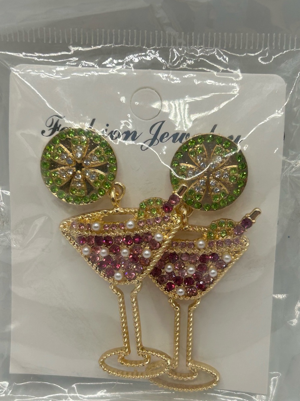 🆕 Fashion Jewelry Gold-Tone Martini Drop Earrings with Green and Pink Crystals - Picture 3 of 3
